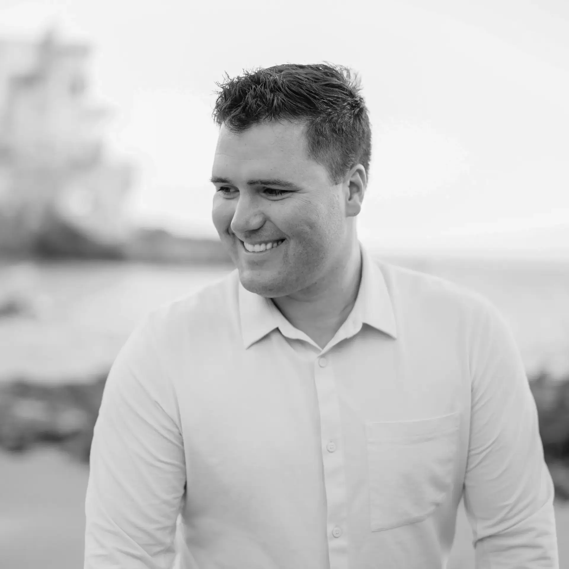Matt Roussin, guest on the Ask About My Faith podcast, headshot in black and white