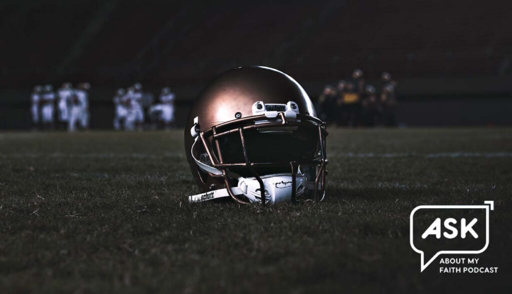 Ben Utecht football helmet and Ask About My Faith podcast logo, representing a life surrendered to Christ.