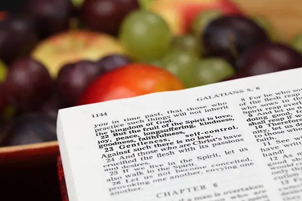 Bible passage illustrating the fruits of the Spirit: love, joy, peace, faithfulness, goodness, gentleness, self-control.