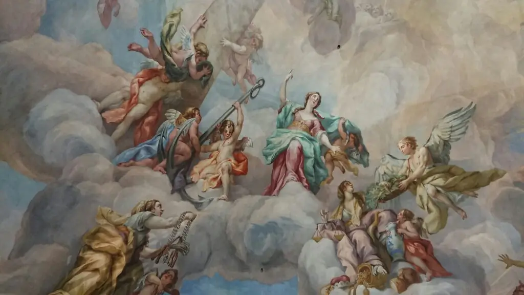 Biblical scene of angels and figures in the clouds, Christian faith imagery.