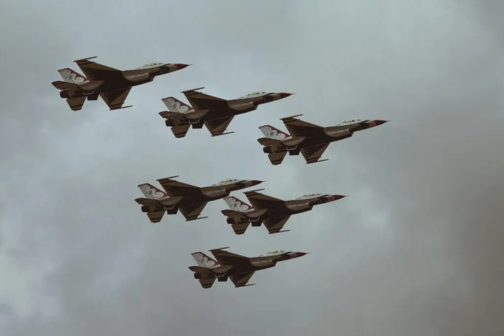 Military fighter jets in formation against a cloudy sky, reflecting thoughts of World War 3 and end times.
