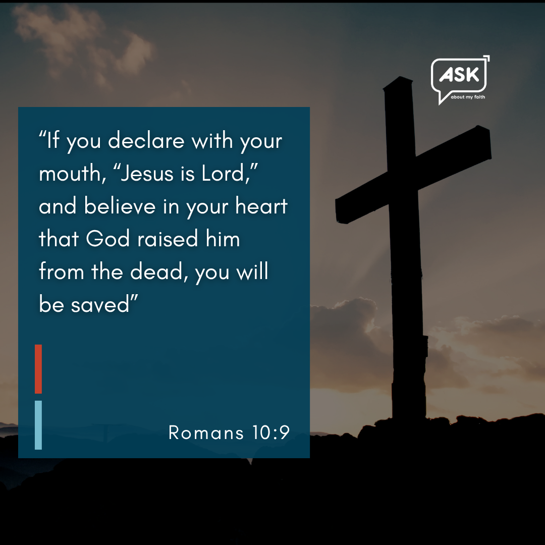 Cross silhouette against sunset, Romans 10:9 scripture about salvation and belief.