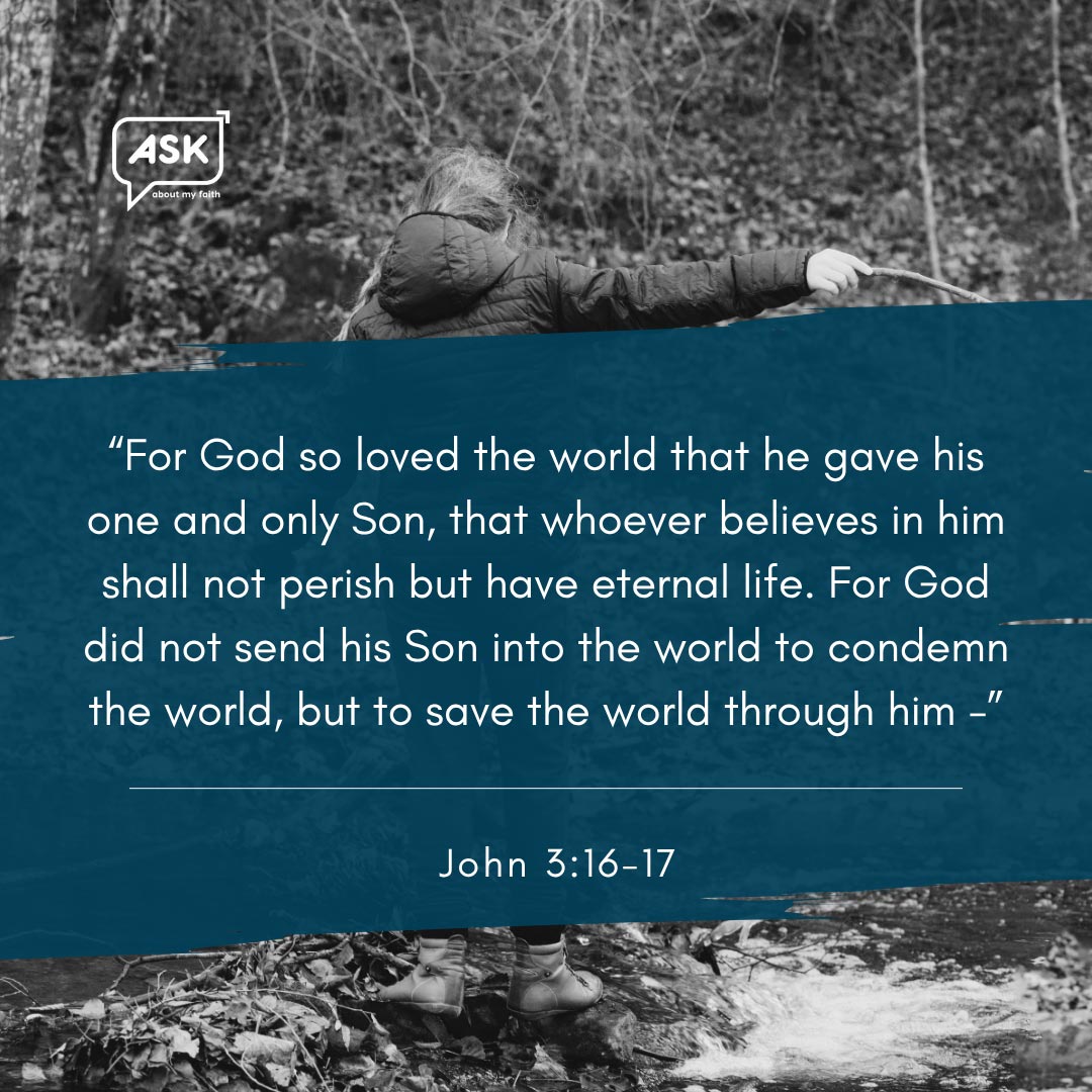 Man looking up with hopeful expression, John 3:16 Bible verse about eternal life and God's love.