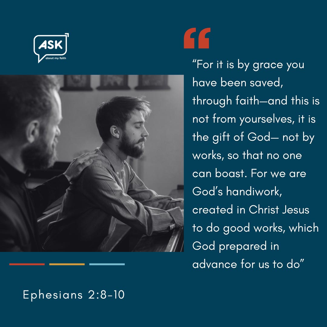 Man and woman in conversation, Bible verse about grace and faith, Ephesians 2:8-10.