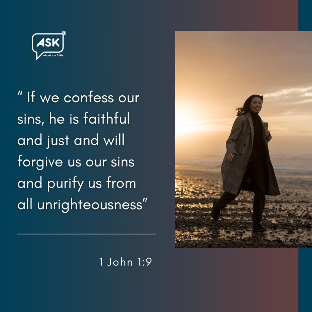 Woman walking towards sunset, Bible verse about confession and forgiveness, Ask About My Faith graphic.