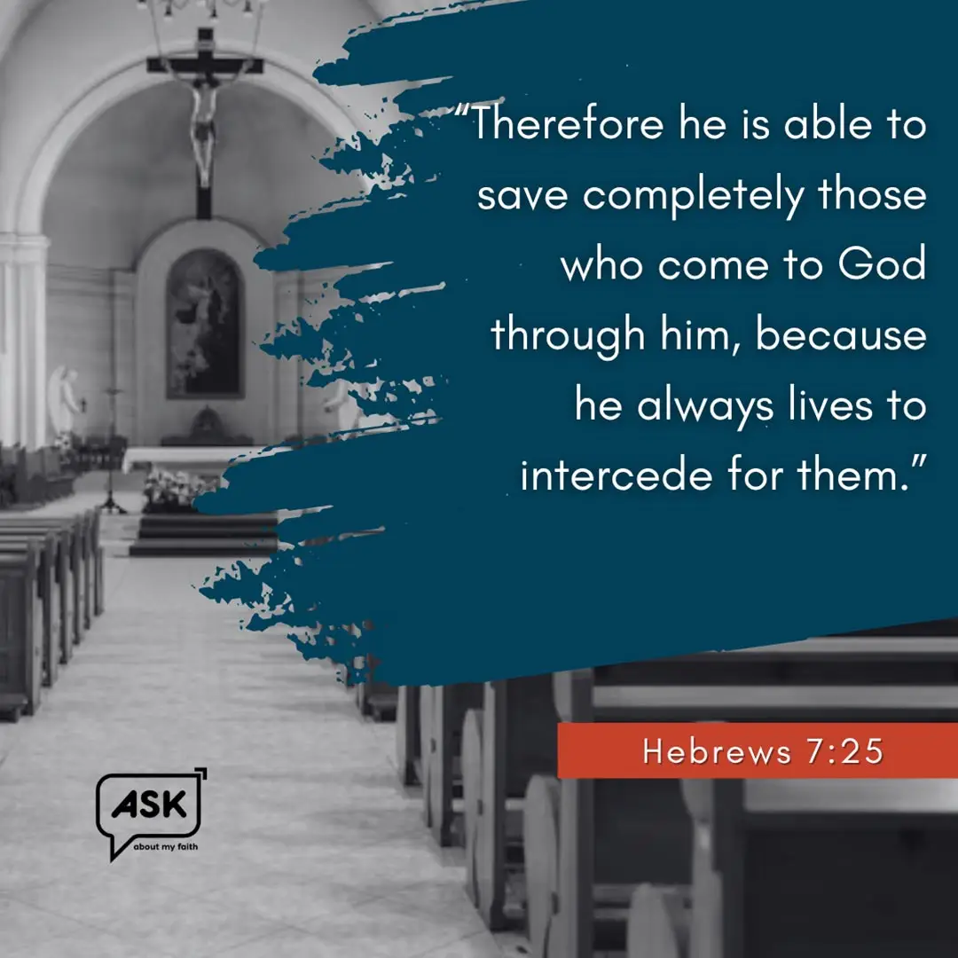 Church interior with Bible verse Hebrews 7:25 about salvation and intercession for new Christians.