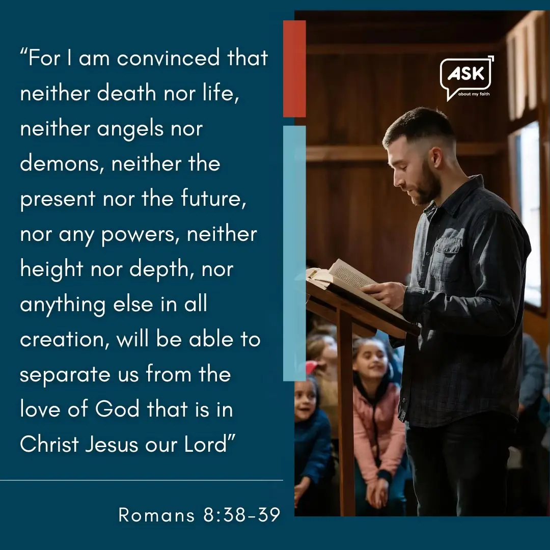 Man reading Bible with family, illustrating faith and connection with God, Romans 8:38-39 verse.