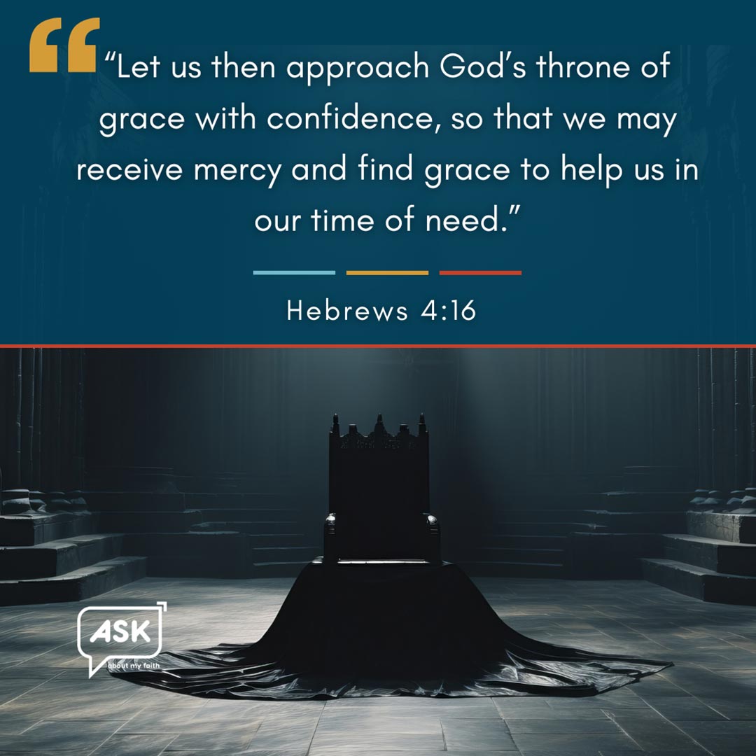Bible verse Hebrews 4:16, throne room imagery representing God's grace and mercy.