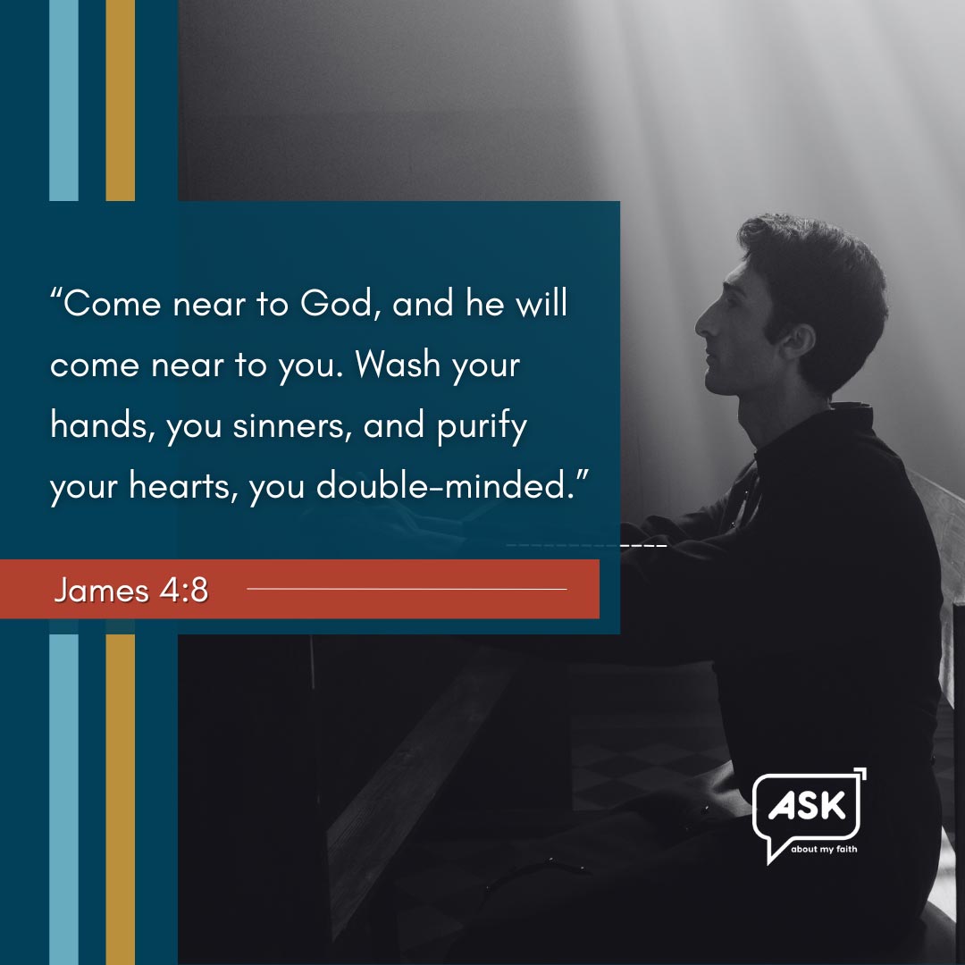 Man in prayer reflecting faith and seeking God, James 4:8 scripture.