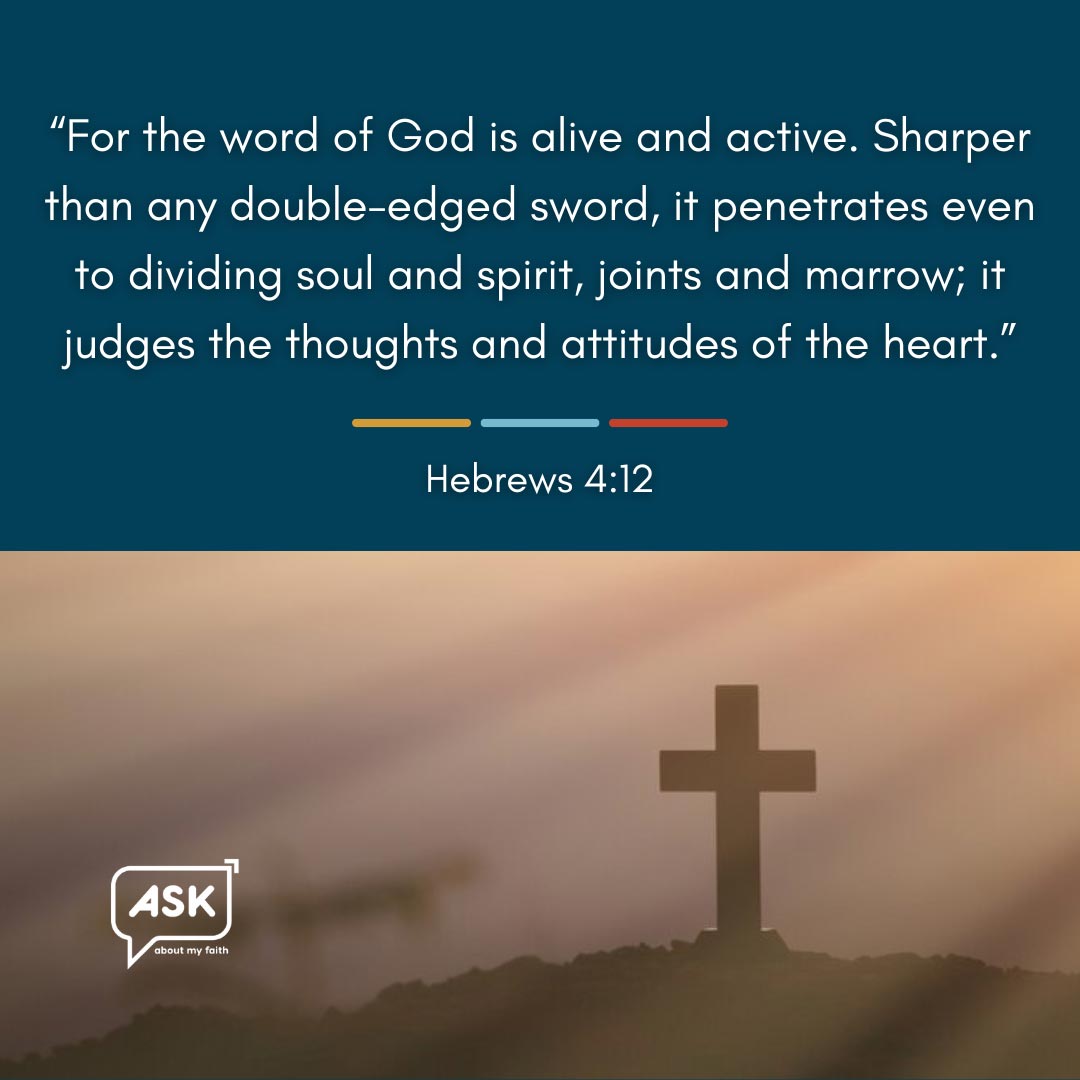 Bible verse Hebrews 4:12 with cross and landscape, Ask About My Faith logo