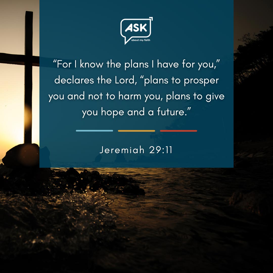 Bible verse Jeremiah 29:11, cross silhouette against sunset, hope and future in faith.