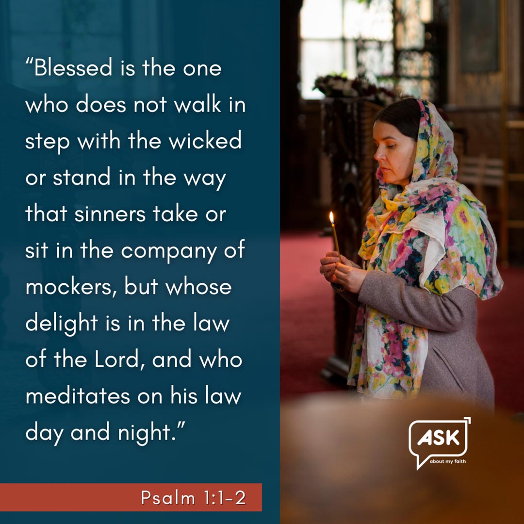 Woman meditating with candle, Psalm 1:1-2 scripture, Christian faith and reflection.