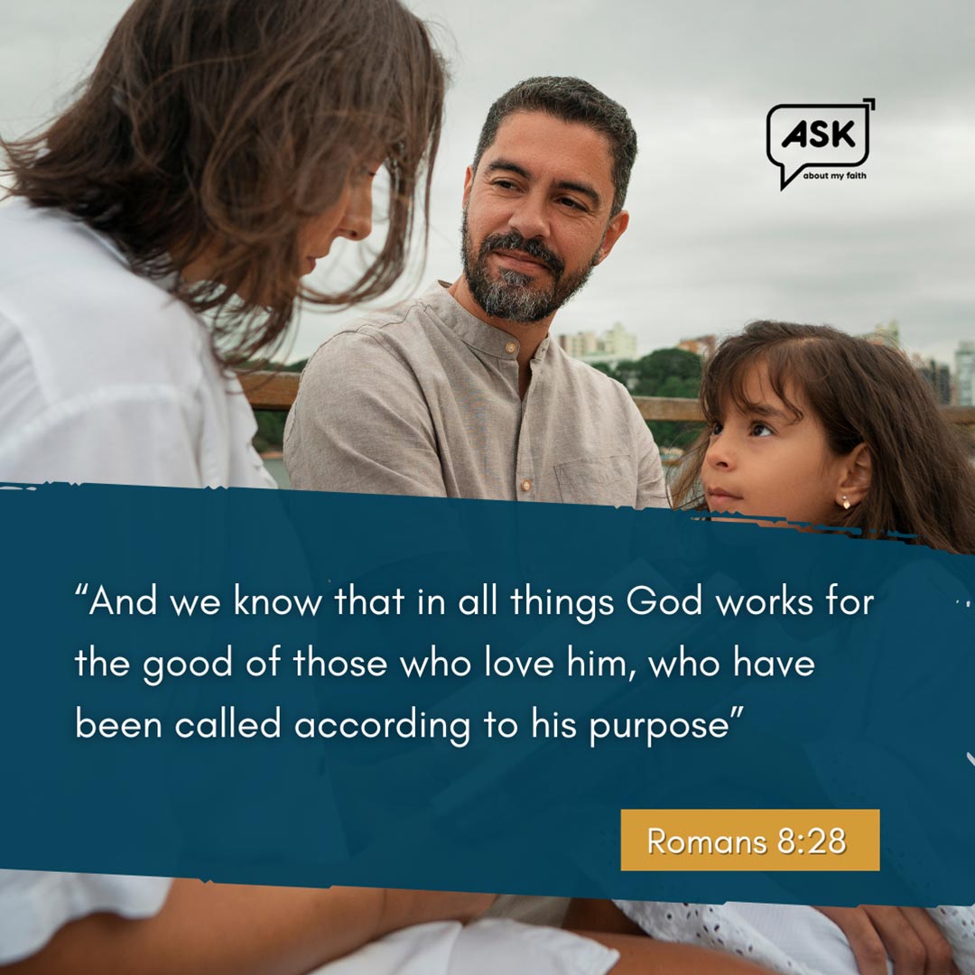 Family embracing faith, inspired by Romans 8:28 scripture and Ask About My Faith.
