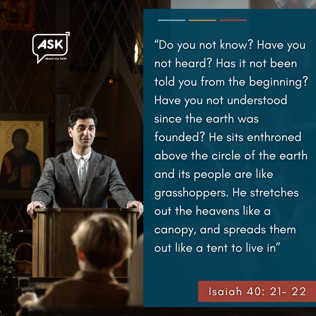 Man looking up at Bible verse illustration, Ask About My Faith branding, Isaiah 40 passage.