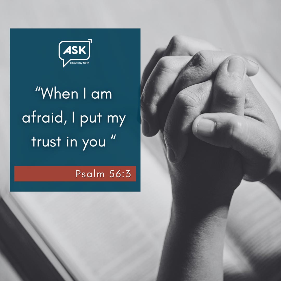 Praying hands and Bible verses offering peace and trust in God.