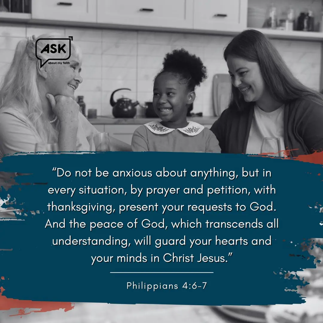 Three smiling women sharing a moment of connection and faith, Philippians 4:6-7 scripture quote.