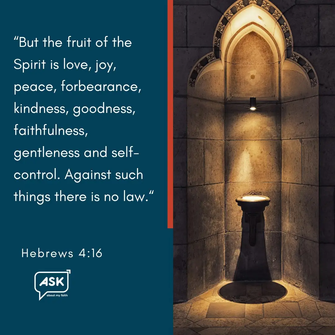 Stone archway and baptismal font illustrating Galatians 5:22-23 and Hebrews 4:16.