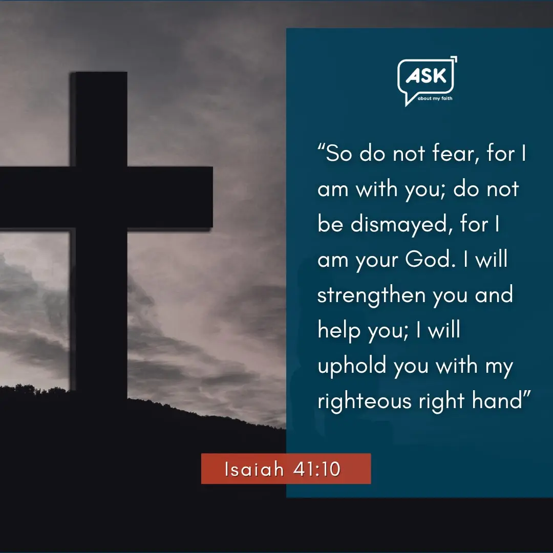 Cross silhouette against stormy sky with Bible verse about strength and reassurance for new Christians.