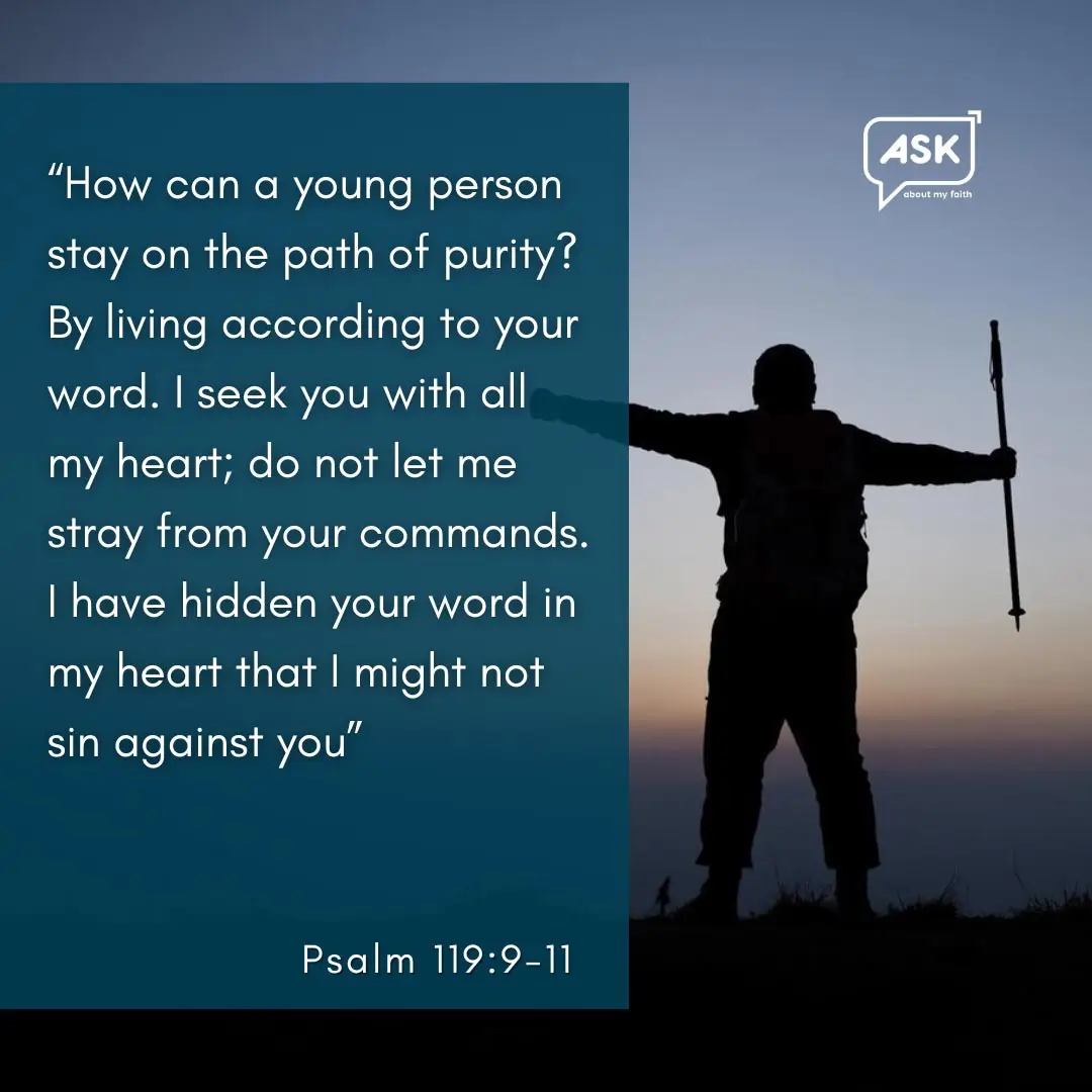 Silhouetted man with staff, Bible verse about purity and faith, Ask About My Faith logo.