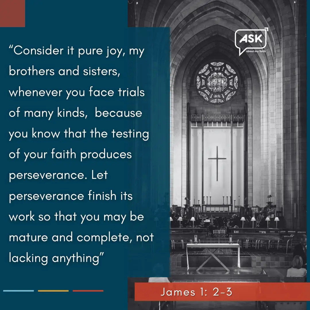 Church interior with stained glass window and cross, illustrating perseverance and faith from James 1:2-3.