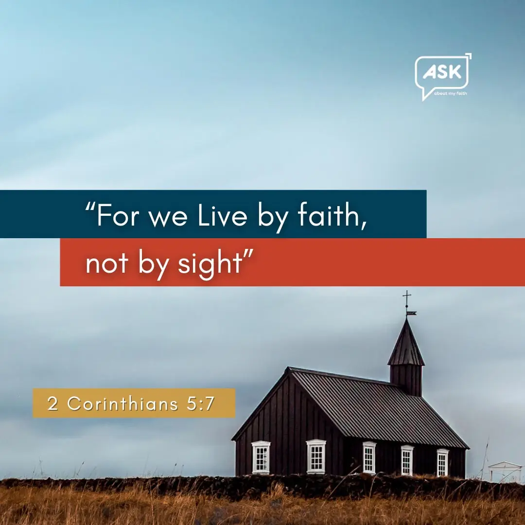 Church steeple and cross symbolizing faith and 2 Corinthians 5:7 scripture.
