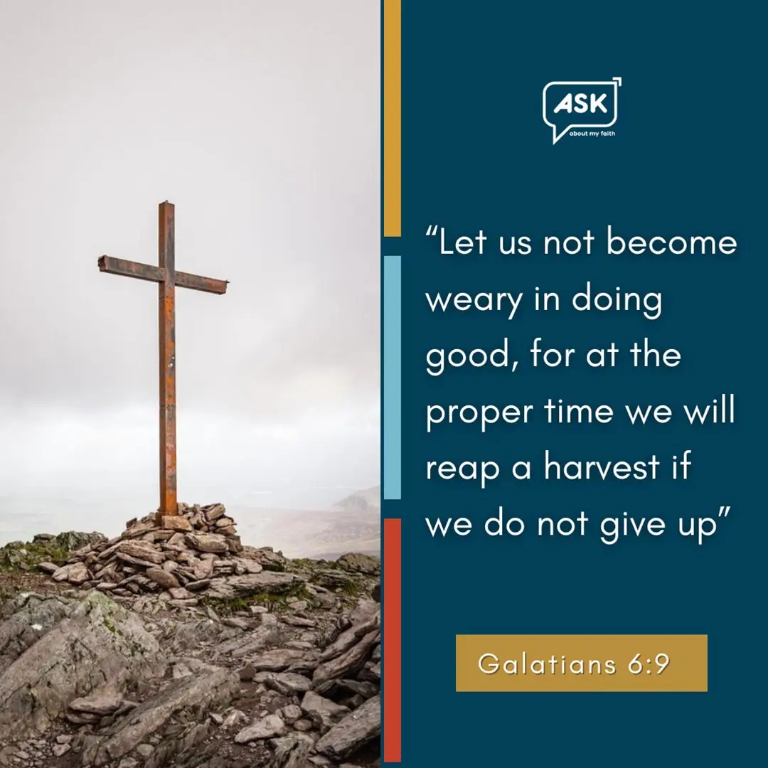Cross on rocky hilltop illustrating perseverance and Galatians 6:9 scripture.