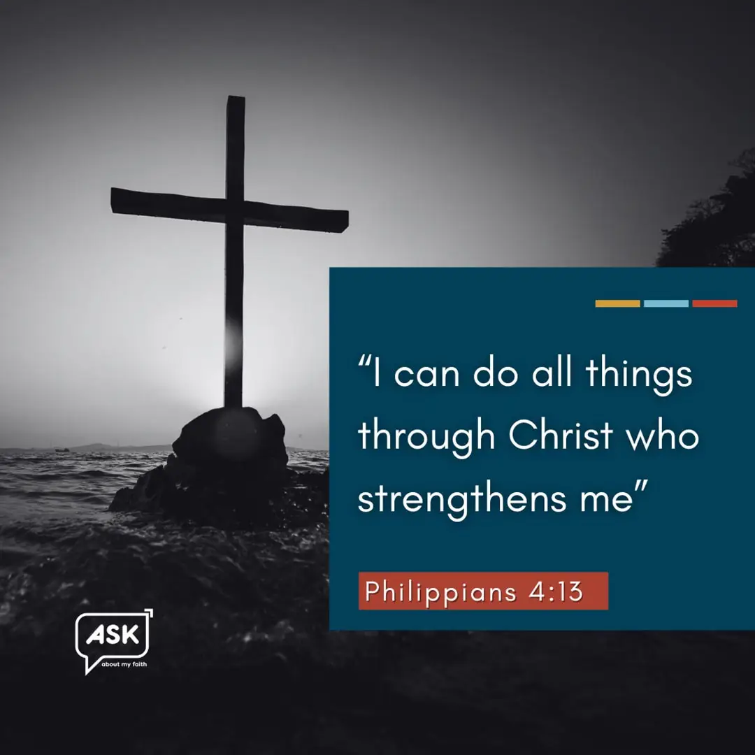 Cross on a rock with Philippians 4:13 Bible verse, symbolizing faith and strength for new Christians.